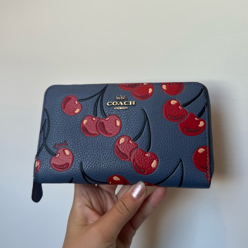 SOLD-Coach Blue and Red Cherry Print Wallet